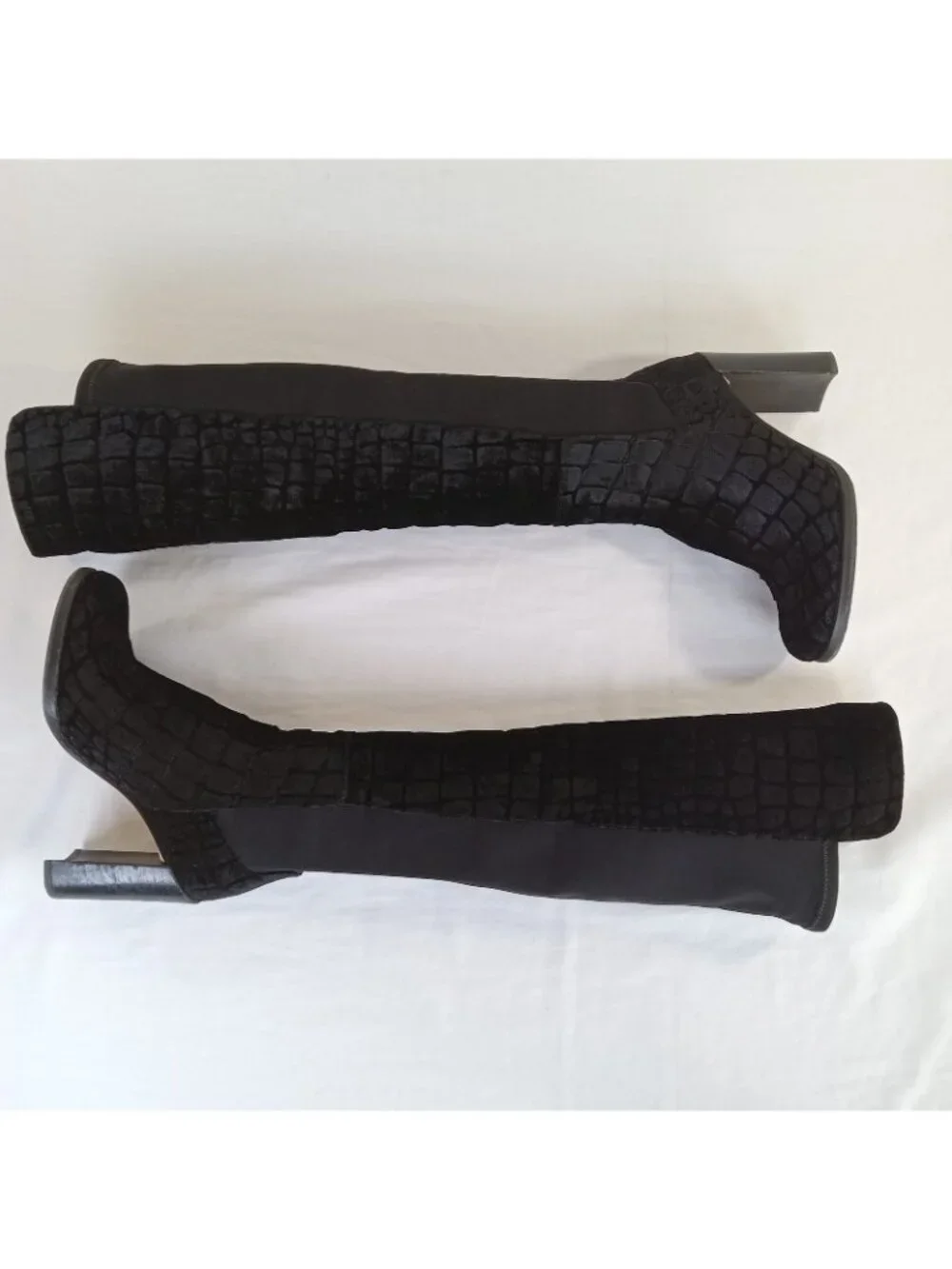 Stuart Weitzman Black Velvet Embossed Over Knee Block Heel Stretch Boots SIZE 6